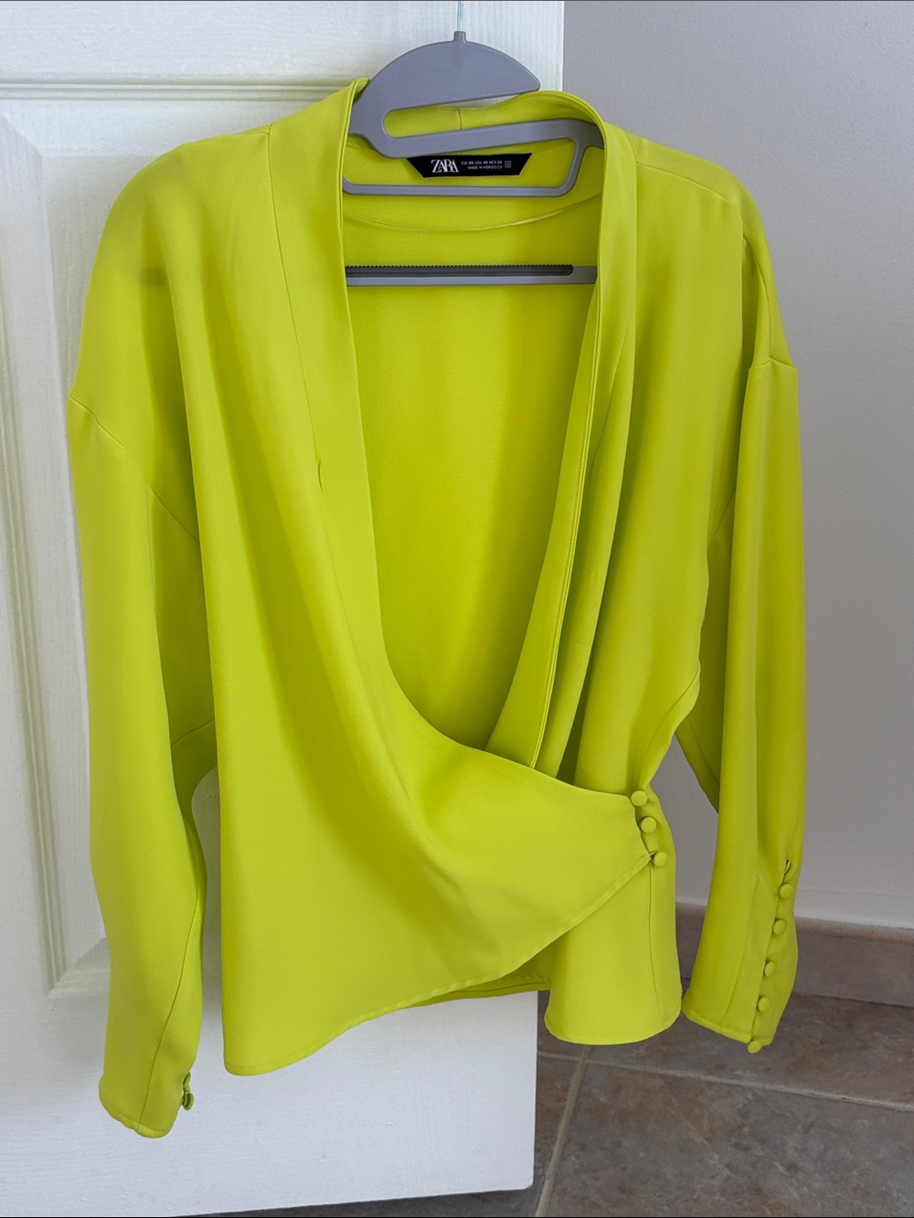 Zara Neon Lime Draped Wrap Blouse